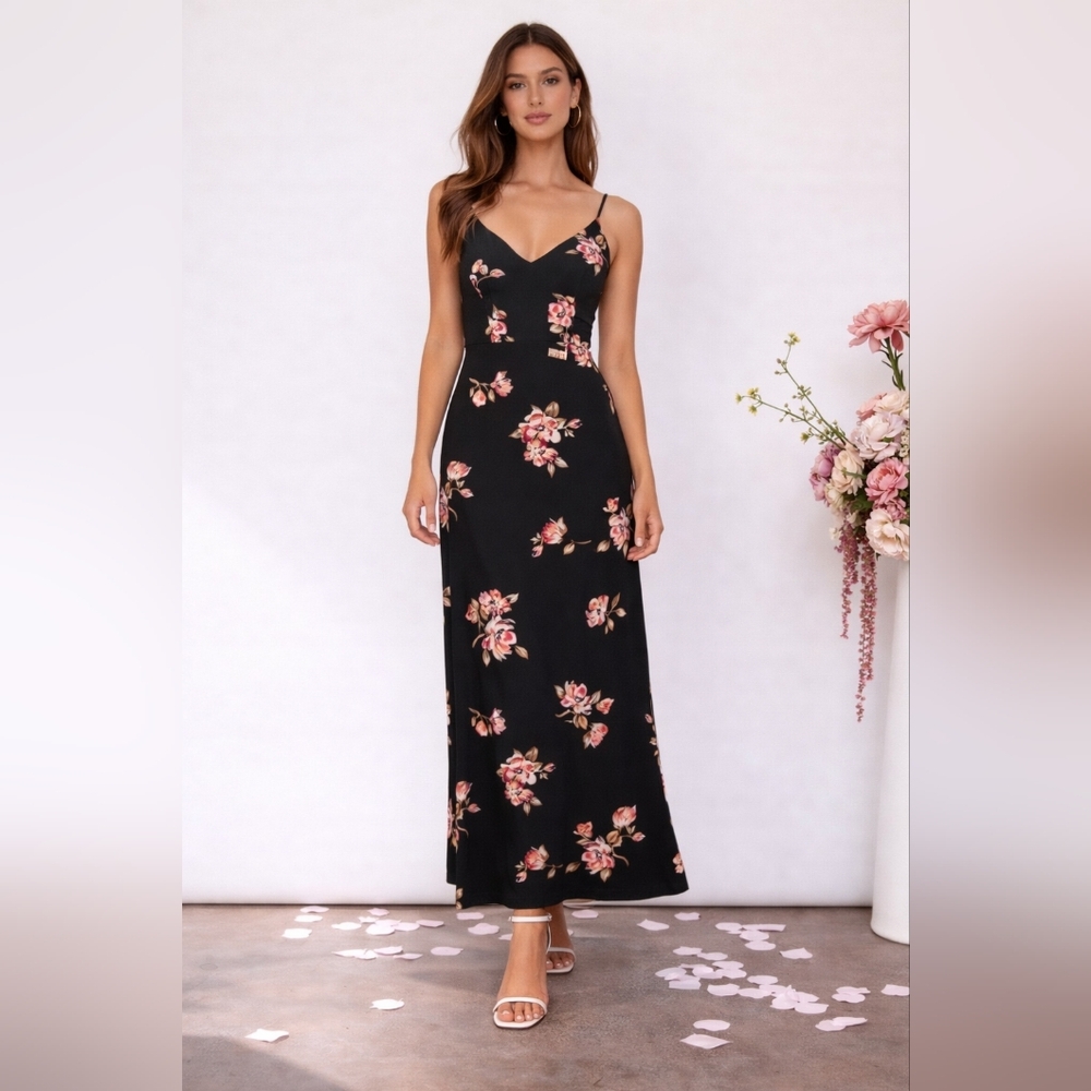 NWT Nine Britton Black Floral Maxi Dress Small Rosaline Pink Red Strappy Back